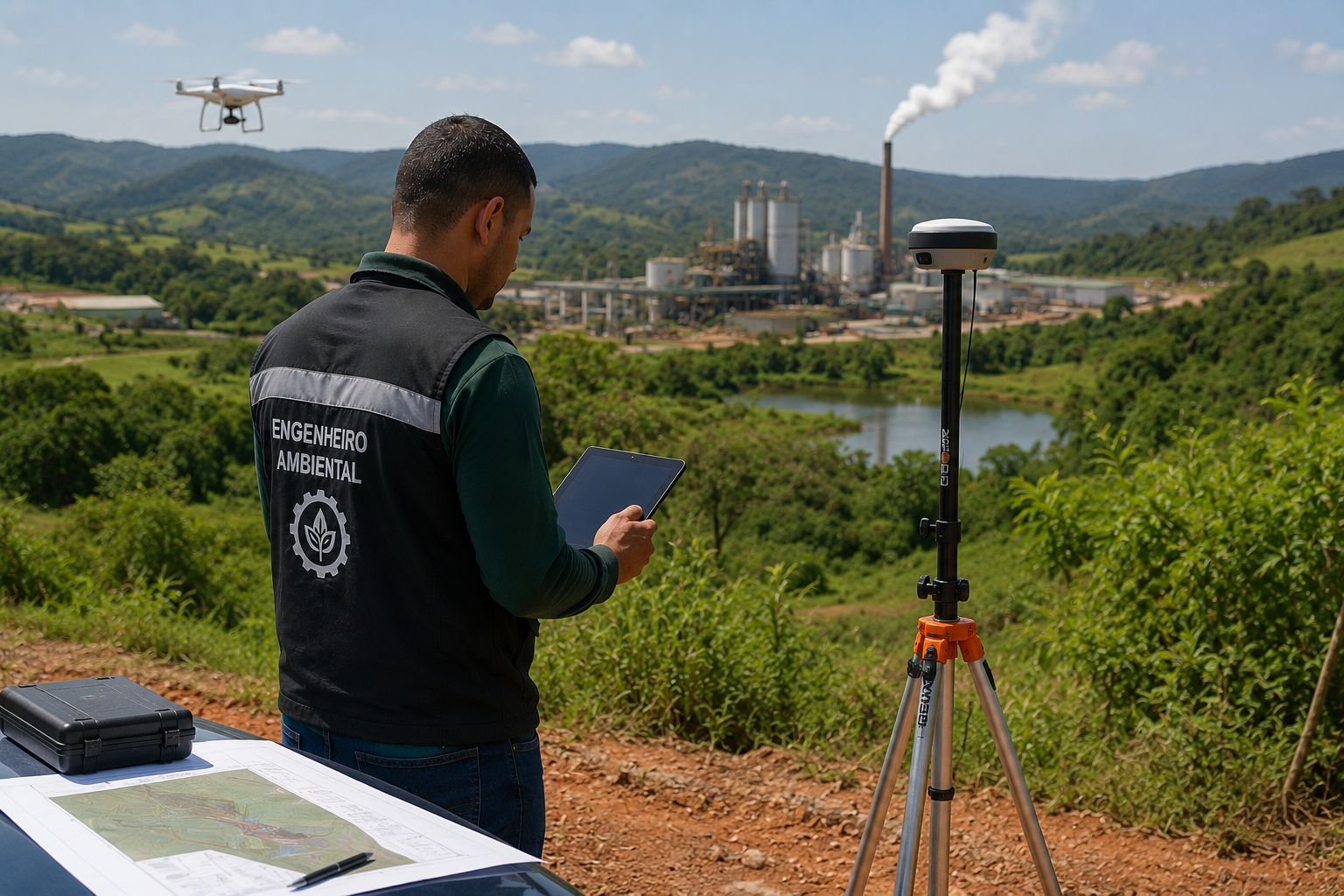 Engenheiro ambiental realizando levantamento técnico em campo, com drone e receptor GPS/GNSS, em empreendimento industrial ao fundo