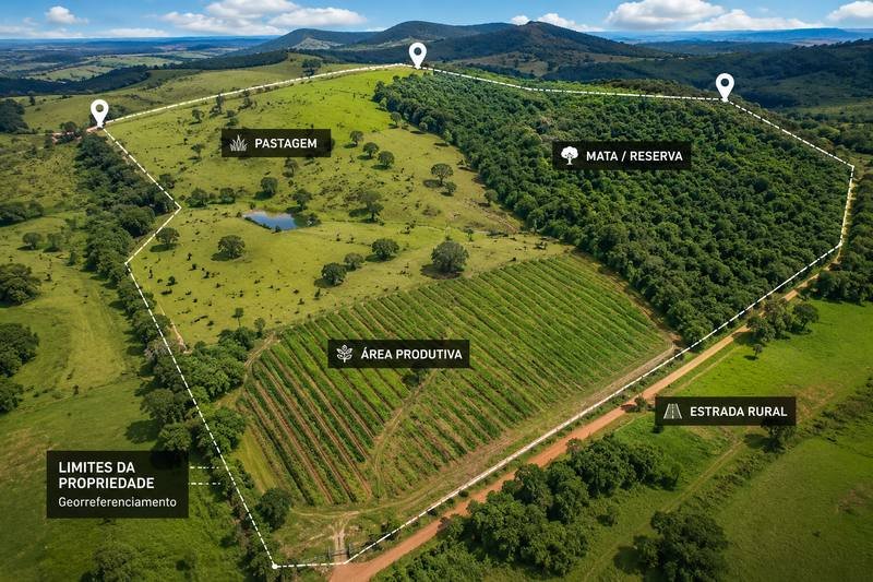 Vista aérea de propriedade rural com áreas delimitadas — pastagem, produção e reserva de mata, referência para diagnóstico ambiental